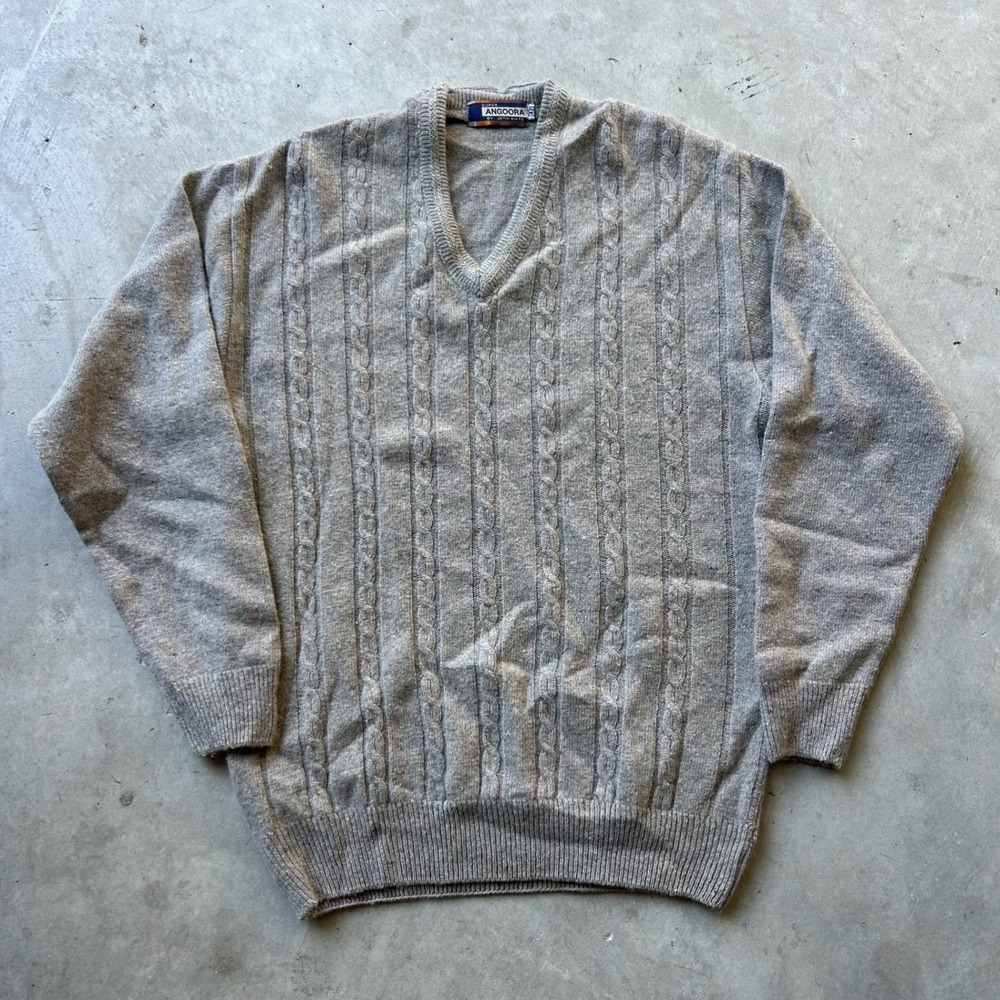 Vintage Super Angora by Jethi Knits Tan Cable Knit V-Neck Sweater Size 42
